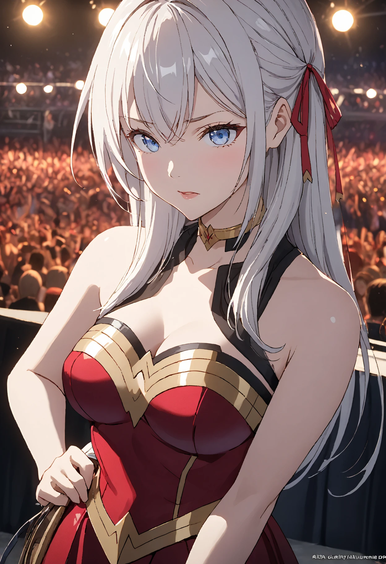 Detailed analysis, Detailed work, best quality, 1440p clarity, Realistic lighting and shadows, Anime, background, Concert stage, จากซีรีย์ Alya Sometimes Hides Her Feelings in Russian, Alisa Kujo, long white hair, blue eyes, ตาแบบAnime, Red hair ribbon, F cup breast,Wearing Wonder Woman costume