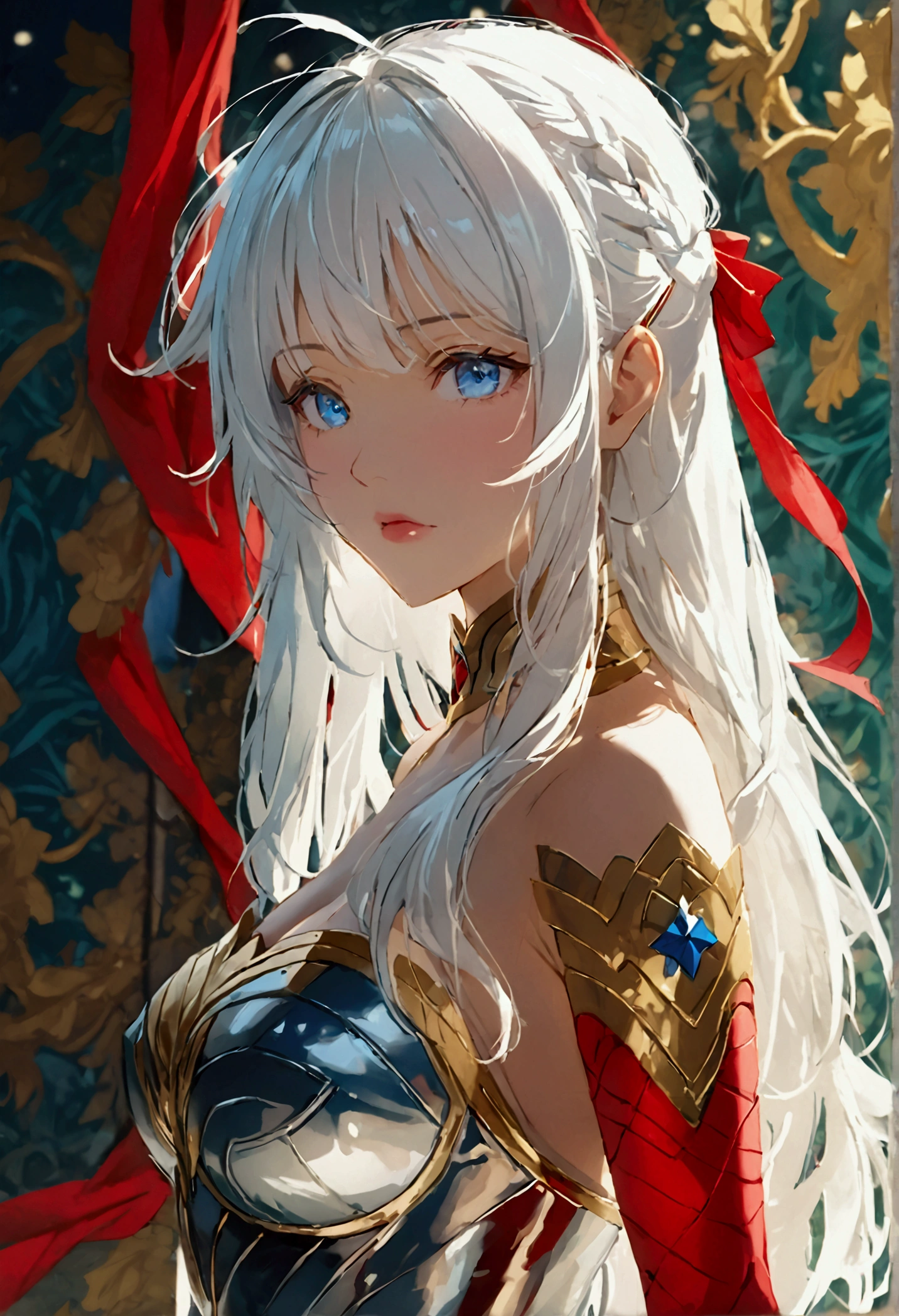 Detailed analysis, Detailed work, best quality, 1440p clarity, Realistic lighting and shadows, Anime, background, Concert stage, จากซีรีย์ Alya Sometimes Hides Her Feelings in Russian, Alisa Kujo, long white hair, blue eyes, ตาแบบAnime, Red hair ribbon, F cup breast,Wearing Wonder Woman costume