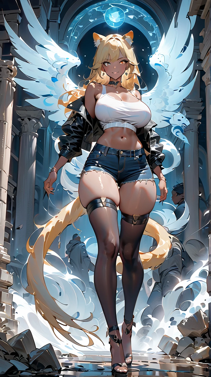 Curvy girl wearing a leather outfit and thigh-high stockings, standing beside a white unicorn in a rainbow-filled landscape, surrounded by mystical creatures, adventurous atmosphere, 3D render, photorealistic.