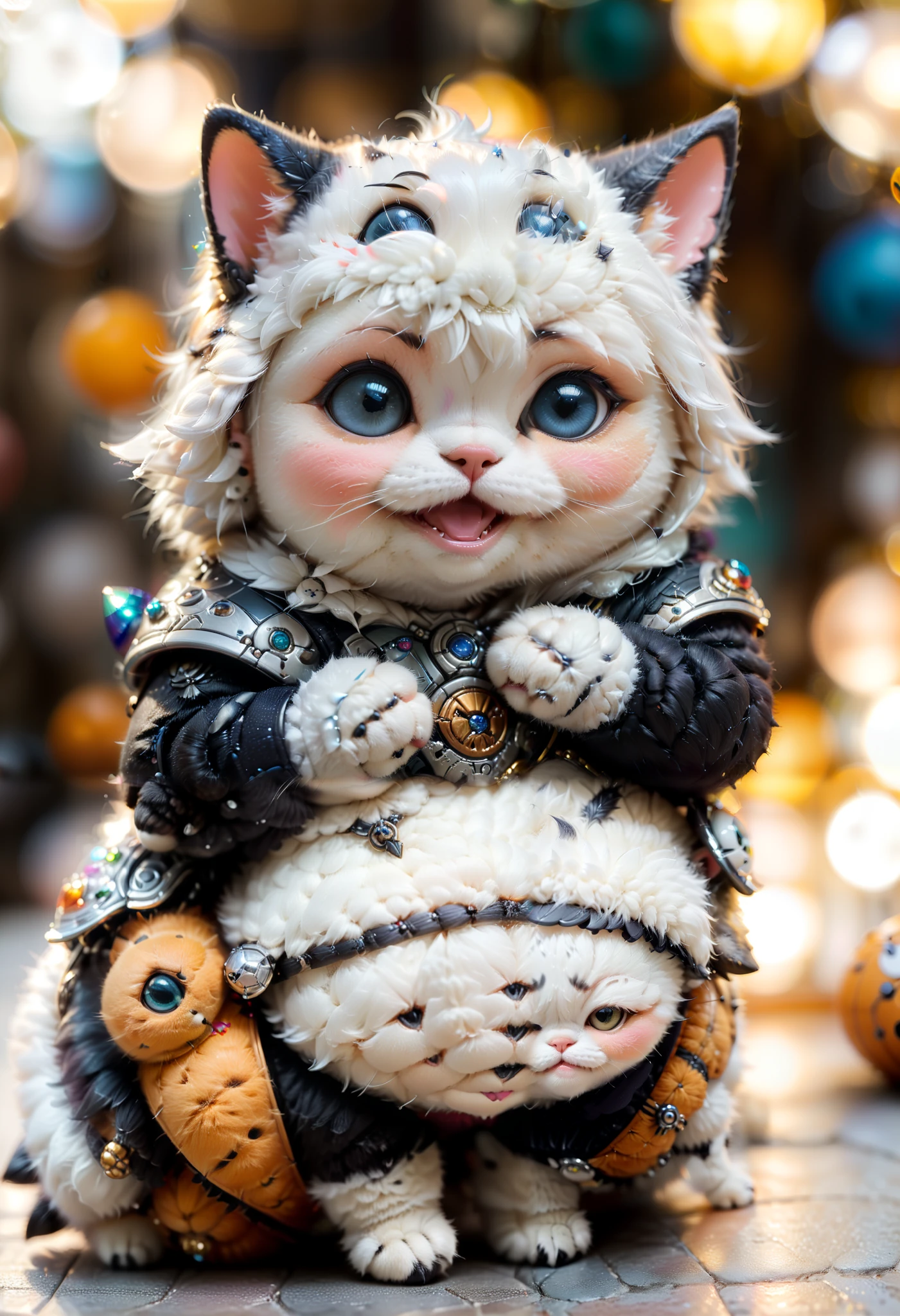 Capture a close-up shot with a shallow depth of field, showcasing a tiny, finger-sized adorable chubby cat with cute and funny costume resting gently on human fingers. Emphasize fine textures, with soft shadows enhancing the miniature creature's details. Background blur adds depth, drawing attention to the animal's unique features