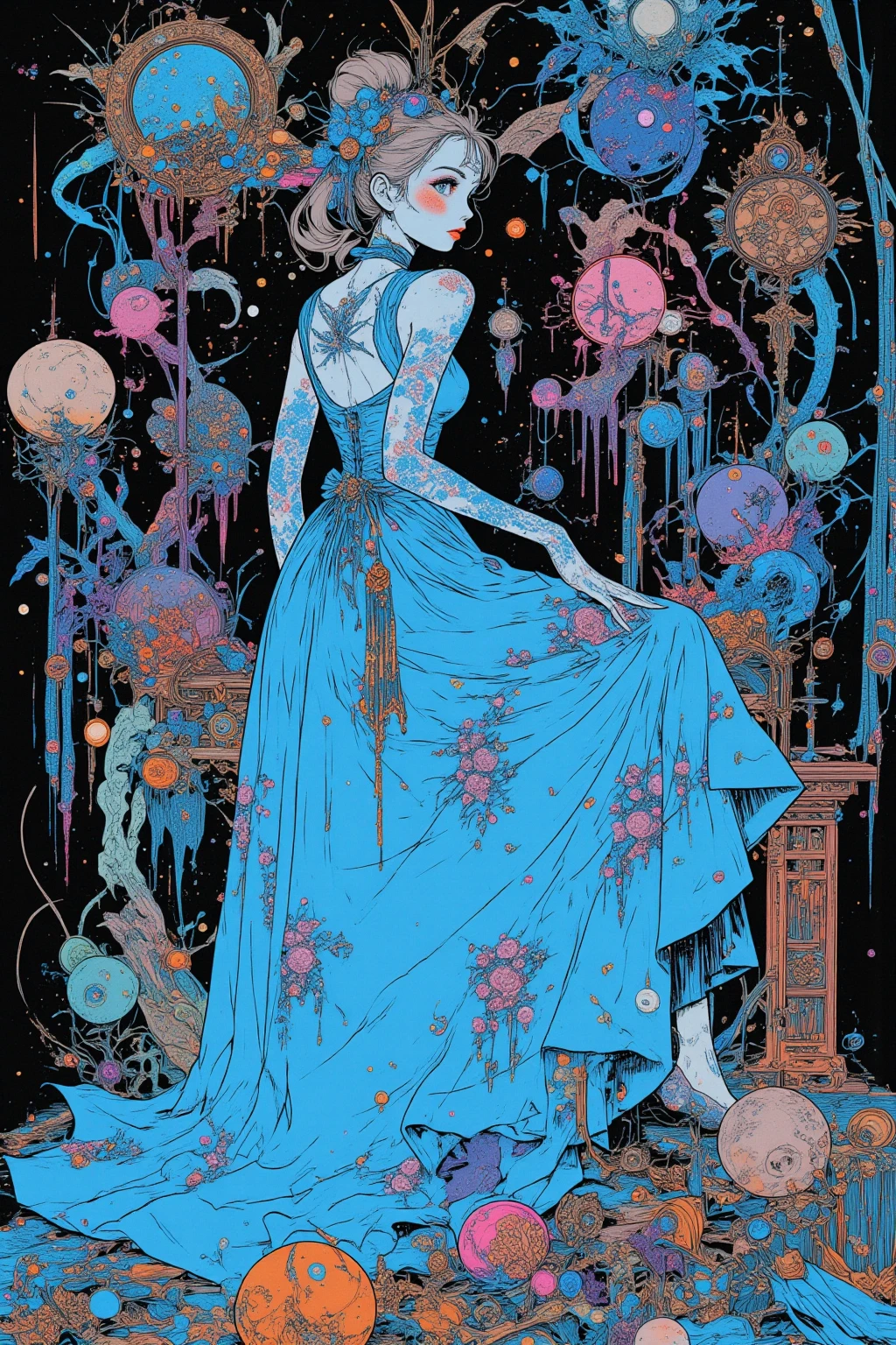  Cinderella's Ball  ,Hallucinatory Art  、  dmt Death of Ego  、  Psychedelic Horror  、  Extremely Precise Visionary Art 、  DMT Egodes  、 Shamanic Fear  、LSD art,  Poison and Disney Mix ,  Cornflower Blue Backless Dress,Glass Slipper