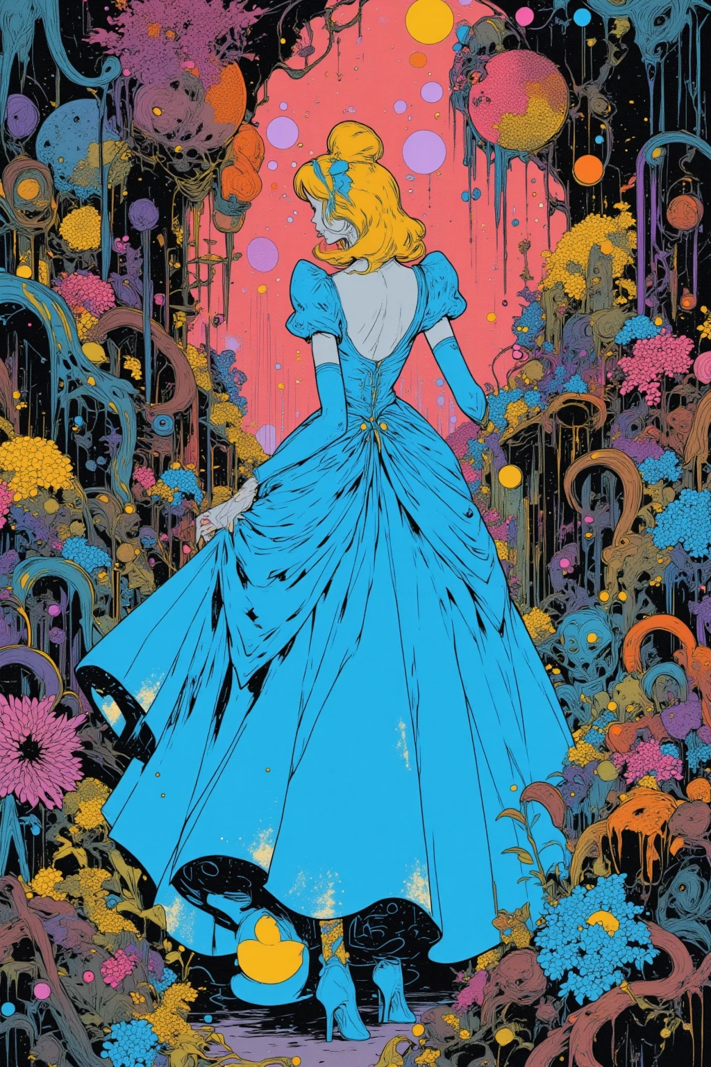  Cinderella's Ball  ,Hallucinatory Art  、  dmt Death of Ego  、  Psychedelic Horror  、  Extremely Precise Visionary Art 、  DMT Egodes  、 Shamanic Fear  、LSD art,  Poison and Disney Mix ,  Cornflower Blue Backless Dress,Glass Slipper