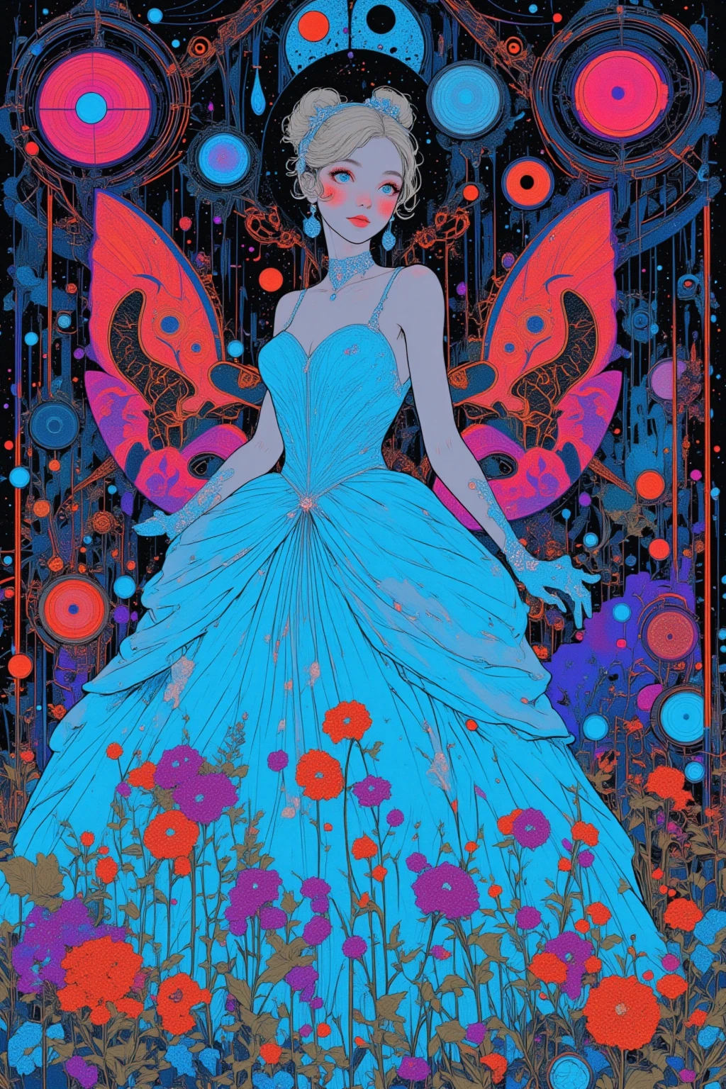  Cinderella's Ball  ,Hallucinatory Art  、  dmt Death of Ego  、  Psychedelic Horror  、  Extremely Precise Visionary Art 、  DMT Egodes  、 Shamanic Fear  、LSD art,  Poison and Disney Mix ,  Cornflower Blue Backless Dress,Glass Slipper