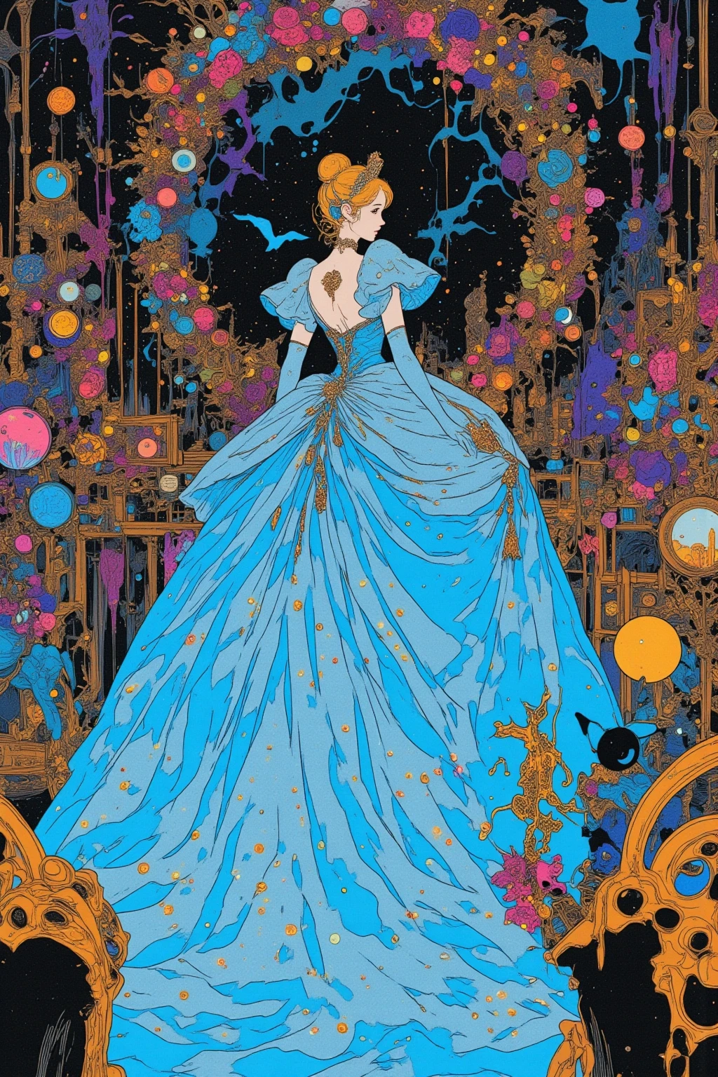  Cinderella's Ball  ,Hallucinatory Art  、  dmt Death of Ego  、  Psychedelic Horror  、  Extremely Precise Visionary Art 、  DMT Egodes  、 Shamanic Fear  、LSD art,  Poison and Disney Mix ,  Cornflower Blue Backless Dress,Glass Slipper