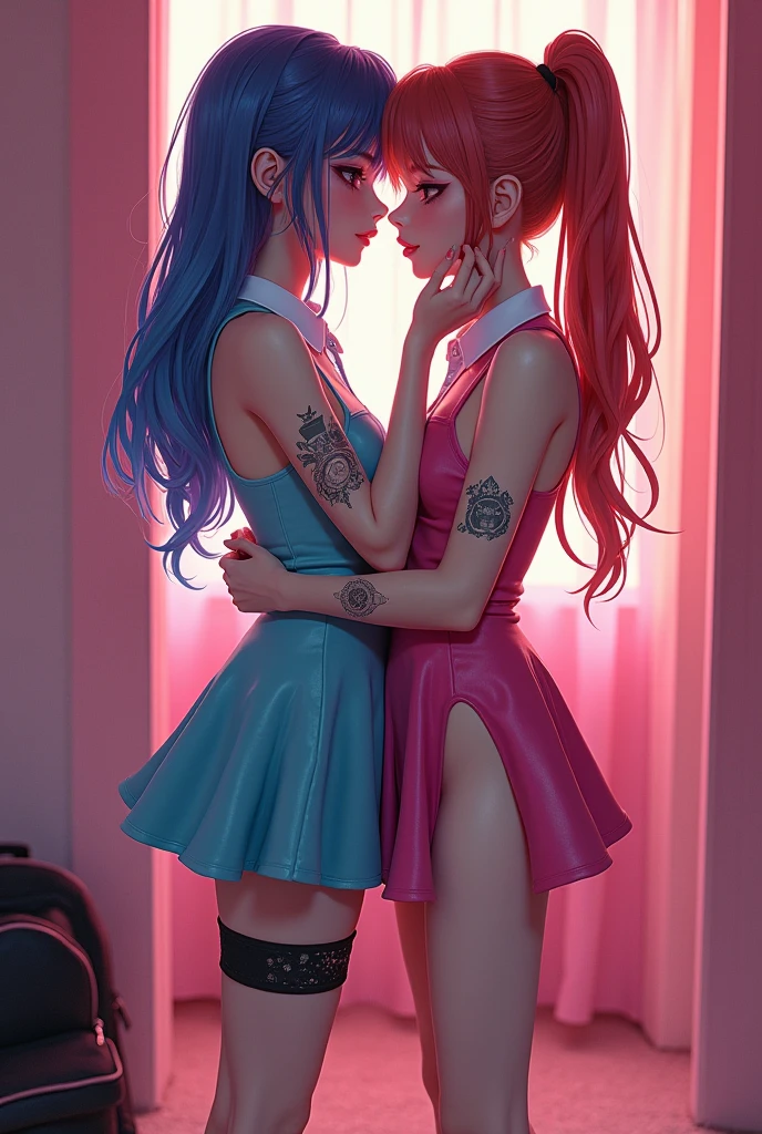 traptrixmantis,crop tank top, mini thong,((rainbow colored hair 2girls:1.2)), ((2girls kissing touching and hugging each other:1.2)),full body, accentuated super huge enormously gigantic breasts cleavage and underboob, biy , sitting, bedroom background,masterpiece,solo,beautiful detailed eyes,finely detail,detailed face,vivid color,5 fingers,finely detailed,hyper detailed,detailed hand,8k,finely detailed beautiful eyes,high resolution illustration,best quality,