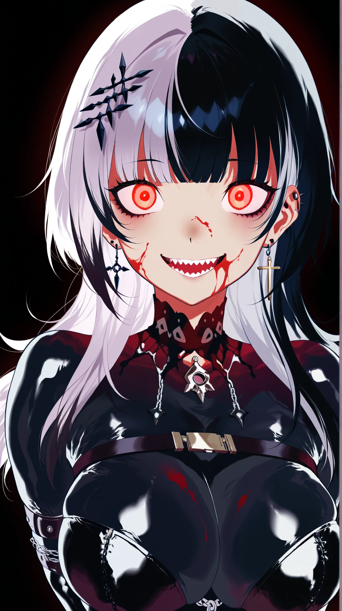 (((Nsfw, Vulgar))),wet-on-wet oil painting depicting a dark angel, a semi-realistic full body portrait, blood on the angel face,, red eyes, gorgeous painting, breathtaking, semirealistic, beautiful colors, evil, beautiful red eyes, detailed textures, massive blackdark feathers, blood, white hair, evil grin, evil smile