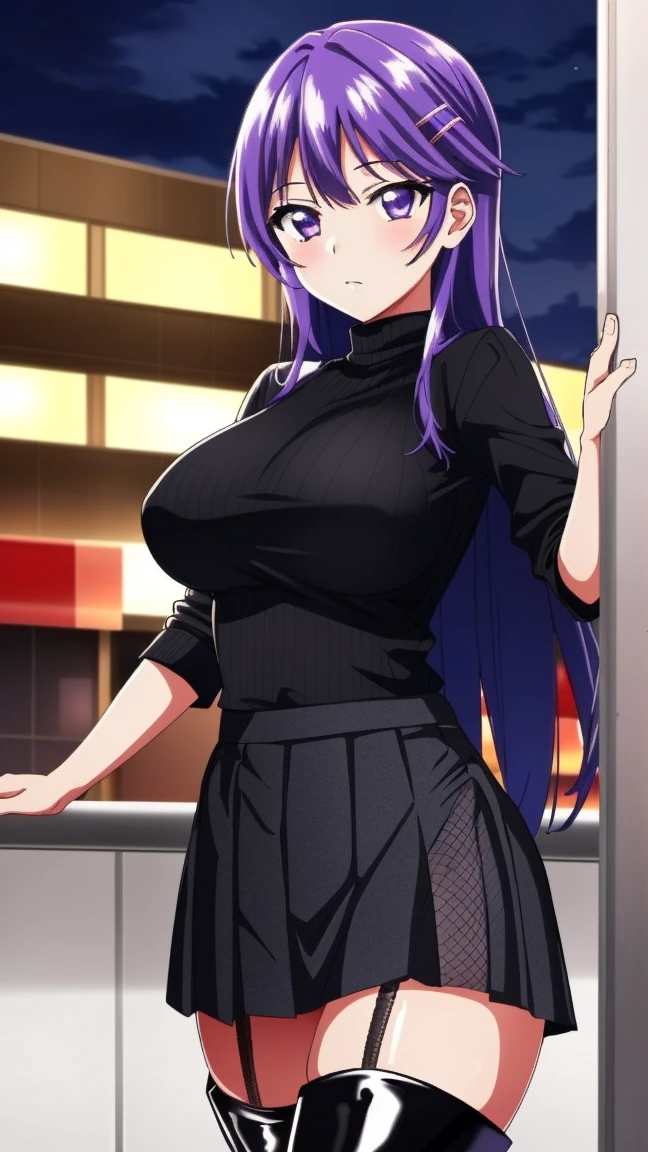 8k Masterpiece ,  color spots ,  high resolution,  very detailed face , detailed computer graphics, one,   girl , Chizuru-chan Kaihatsunikki, mature,  sexy , spread pussy,  purple hair ,  long hair ,  hair clip ,   purple eyes, ((black latex pleated skirt, (white turtleneck ), (black fishnet stockings ), (black leather boots )),   large breasts ),  closed mouth , Fascinating dispassionality , With confidence,  enjoying , One, stylish pose, stylish corner,  looking at the viewer ,  in the center of the image ,  cowboy shot, in a night club. anatomy is correct,  perfect face,  perfect hair ,  perfect eyes ,  perfect body,  perfect breasts, perfect hands, flawless skin
