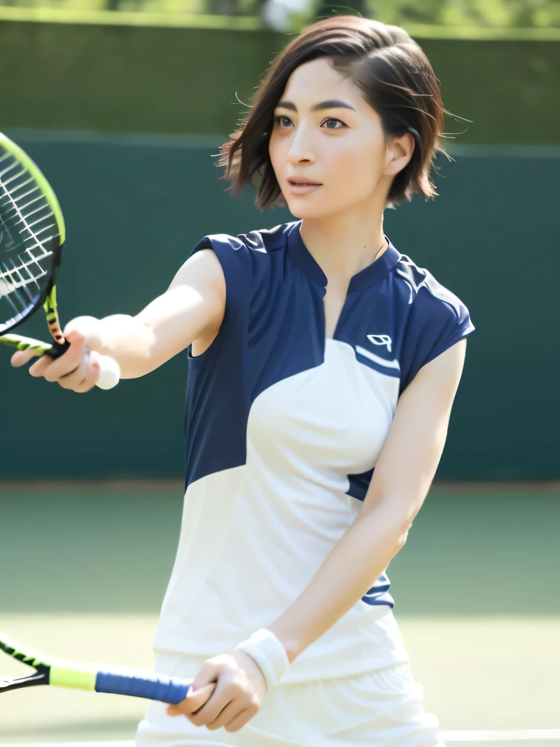 A young female tennis player dressed in a sleek blue tennis outfit stands ready, with her white undergarments visible. gripping her tennis racket with both hands in a poised and focused stance. The sunlight highlights the crisp lines of her attire and the polished strings of the racket. Her determined gaze locks onto an unseen opponent, exuding confidence and anticipation. The lush green grass of the tennis court extends into the distance, framed by a clear blue sky. This dynamic scene captures the perfect blend of elegance, power, and athletic prowess, showcasing her readiness to strike with precision and grace. smiles gently, FRIENDLY. ( RAW photos , top quality ), ( realistic , photo- realistic :1.4), masterpiece, extremely delicate and beautiful, extremely detailed, 2k wallpaper, amazing on the beach, Detailed description, extremely detailed CG unity 8k wallpaper, ULTRA DETAIL, high res, Soft light, beautiful detailed girl looking back, extremely detailed eyes and face, beautiful detailed nose, beautiful detailed eyes, cinematic lighting, Perfect Anatomy, slender body.