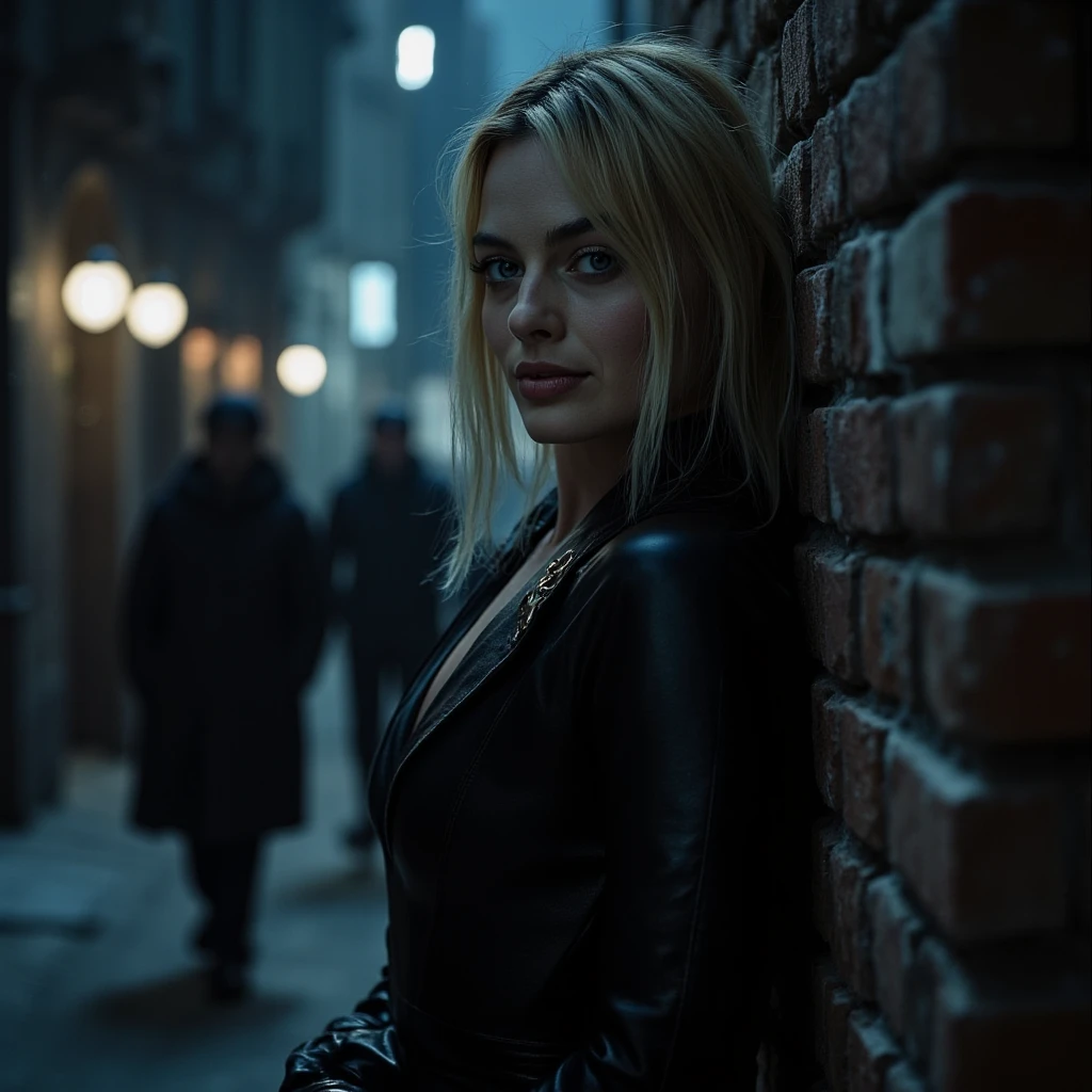 award-winning photo from the waist up, crisp comic rendering, young blonde (Michelle Pfeiffer) with white eyes dripping blood from her forehead and having stigmas, long hair, a black demon in the background, horror face, creepy, character portrait, concept art, painting, fanart, highly detailed in the style of wlop by Ilya Kuvshinov, Wenjun Lin, angular asymmetrical design, horror movie,  scary movie poster