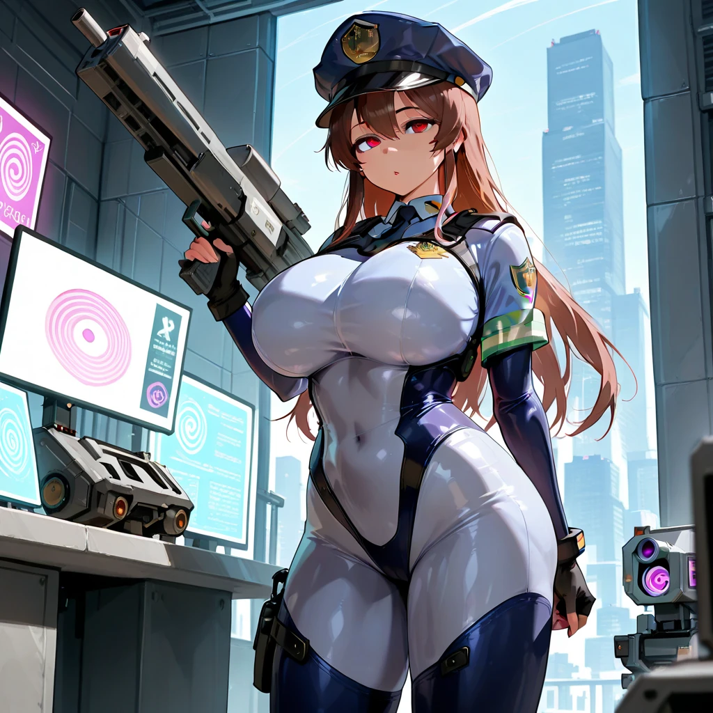 Sexy police woman,futurisit suit ,long hair, ,big boobs, futuristic police department city, training gun, hypnosis screen ,straight empty vacant hypnotized stare, 