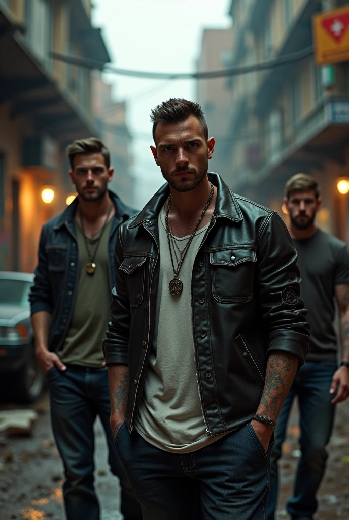 Generate a mobile size wallpaper of 3 men having their number tatoo on their chest. The leader number is 01 and other three number are 03 , 08 respectively . All numbers tatoo should clearly visible. The main leader are sitting on a old blue dacia car and smoking a cigarette in up head style. One of them is standing at left side of car and other one is on right side with m416 gun. TOXIC are printed on the car number plate .This are are situated in infected area.