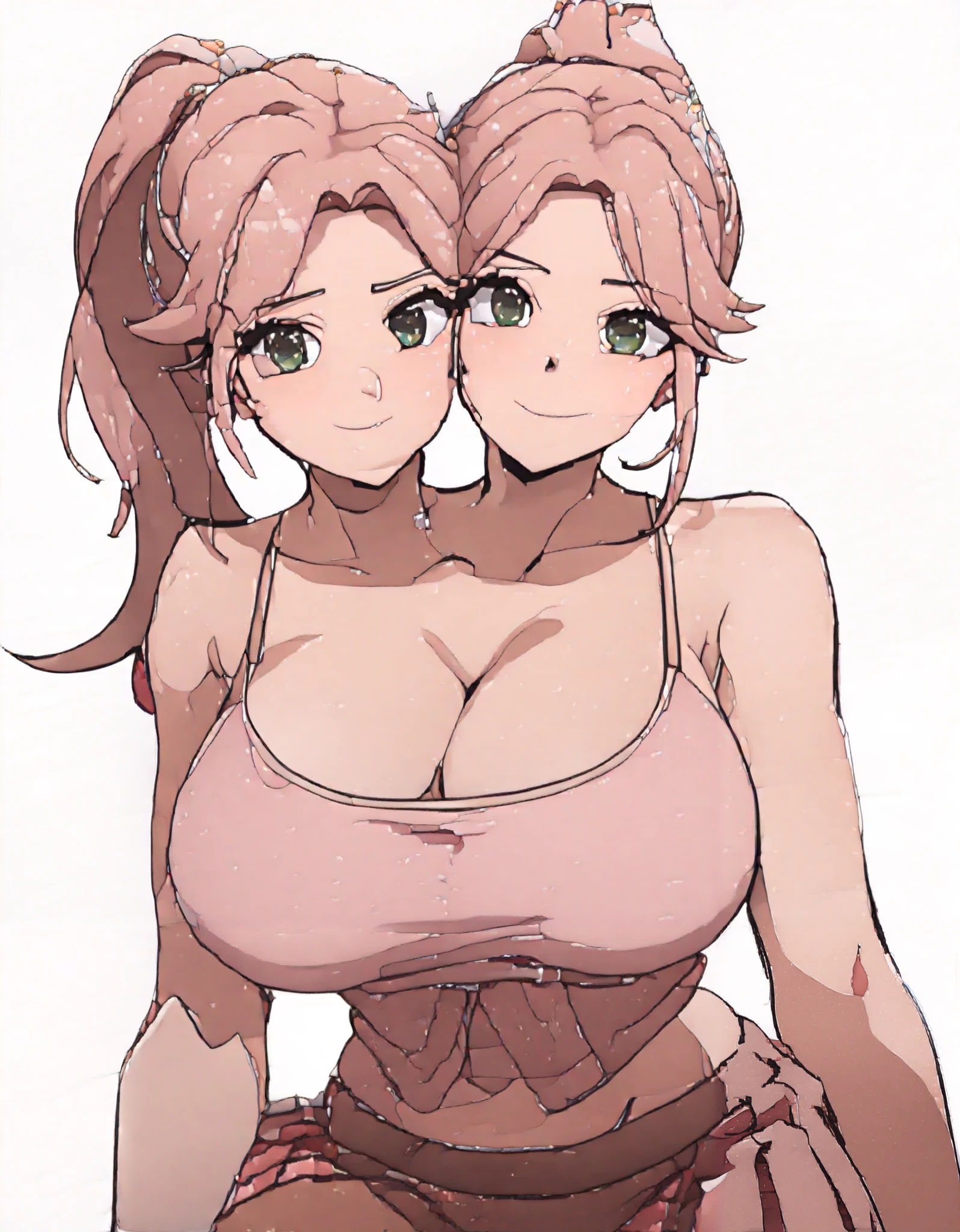 best quality, (masterpiece),(ultra-detailed), (high quality), (high resolution), (3heads:1.5) (brown hair), ((long sleeve wi (2heads:1.5) pink hair, (huge breasts), (green eyes ), cleavage, ((full body)),best quality:1.5, highres, UHD, 4K), smiling, ((pink tank top)), ((wearing red skirt)), ((full body)), green eyes (mature woman), casual dress, sexy proportions,, thighs, Beautiful girl with accentuated slender abs, ponytail