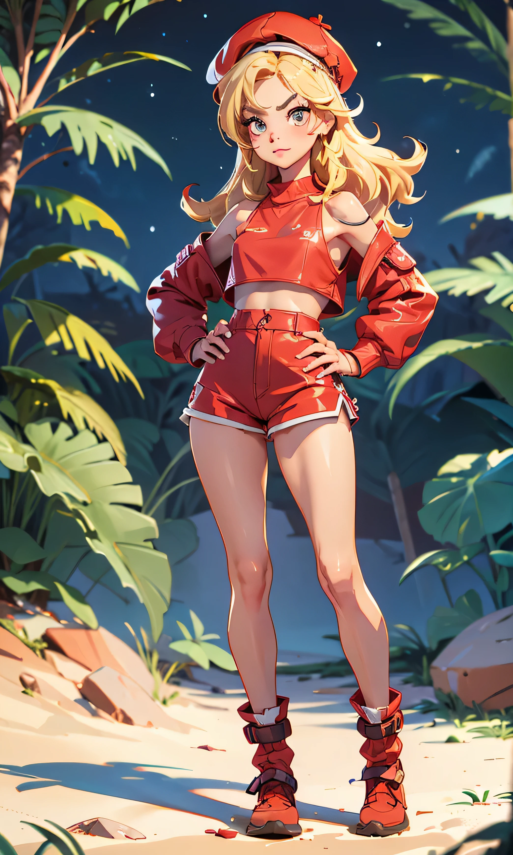 masterpiece, a girl, beautiful, thin and small , skinny, head on, looking at the spectator , wavy hair, blond hair , brown eyes, arched eyebrows , Full body , pretty legs, abdomen plano, Kpop outfit , wool cap, Red micro top , Top short red, bare shoulders, neckline, Ripped top , red shorts, red winter boots, (((desnuda))), in the woods, dark sky, dry trees ,
