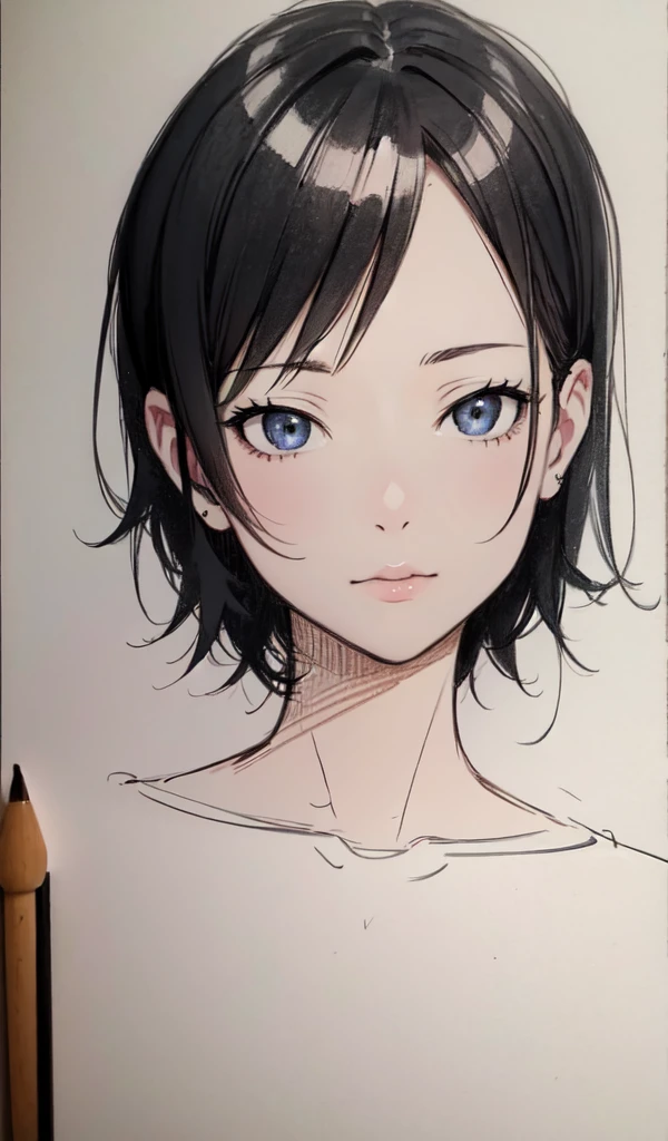 beautiful drawing style, realistic sketch, traditional drawing style, anime realism style, Girl , Black short hair
