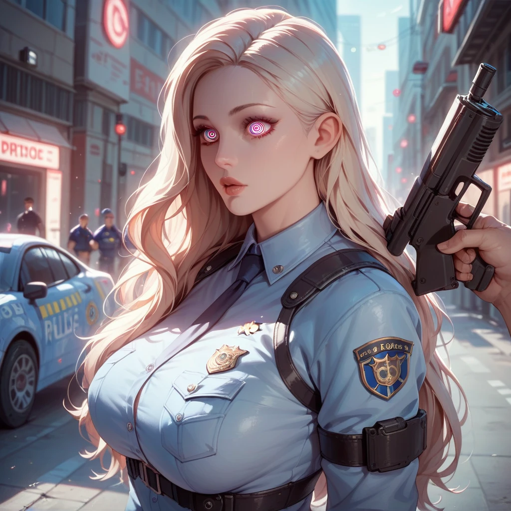 Sexy police woman,futurisit suit ,long hair, ,big boobs, futuristic police department city, training gun, hypnosis screen ,straight empty vacant hypnotized stare, 