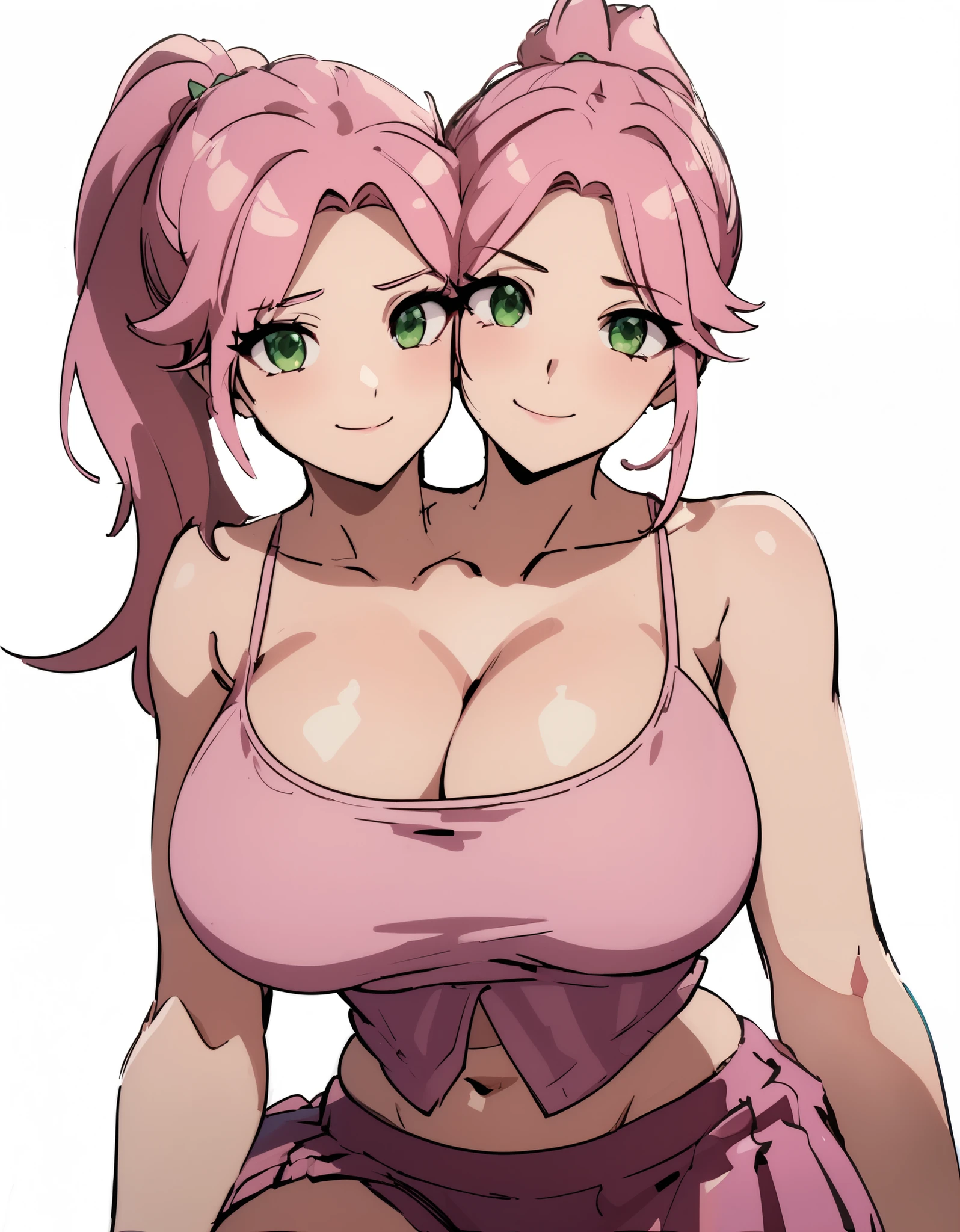 best quality, (masterpiece),(ultra-detailed), (high quality), (high resolution),(2heads:1.5) pink hair, (huge breasts), (green eyes ), cleavage, ((full body)),best quality:1.5, highres, UHD, 4K), smiling, ((pink tank top)), ((wearing red skirt)), ((full body)), green eyes (mature woman), casual dress, sexy proportions,, thighs, Beautiful girl with accentuated slender abs, ponytail