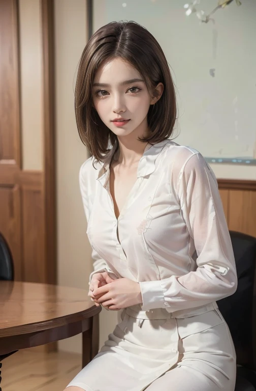 (RAW Photos), (Realistic), (masterpiece), (highest quality), High resolution, 8k, (Intricate details), (Volumetric Light), Portraiture, woman, Age 25, Medium Hair, Straight hair, Medium Chest, Layered Hair, Brown Hair, Very beautiful eyes, Source order, Very thin eyebrows, Very fine skin, Very beautiful mouth, Very nice nose, Cute like an idol, smile, (Thick lips), (Looking at the audience), (See-through pearl white collar dress shirt), Above the knee shot