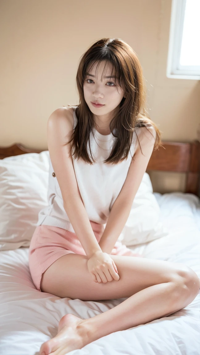 Kasumi, brown eyes, (best quality, ultra-detailed), (realistic:1.37), beautiful and detailed face, ultra-realistic texture, delicate face, delicate body, red lipstick, bright colors. High definition, 8K, well defined legs, cute smilling expression