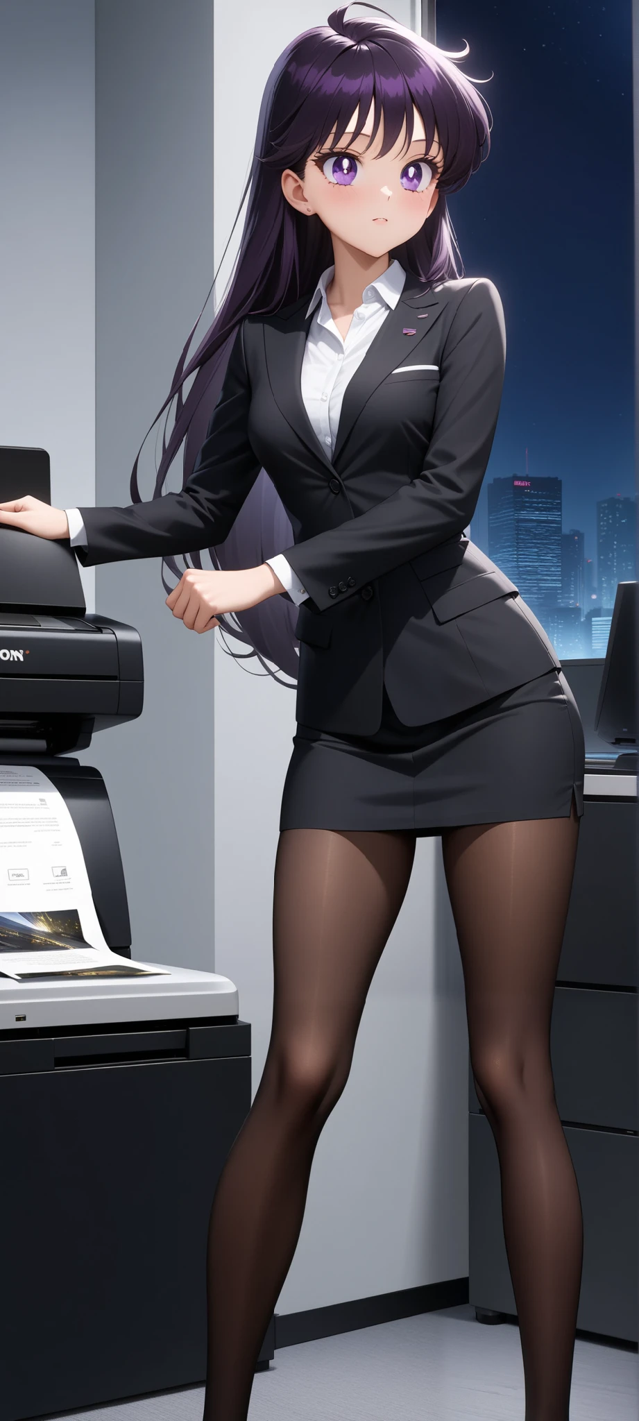 (masterpiece, best quality, very aesthetic , ultra detailed), intriguing details, aamars, long hair, black hair, purple eyes, ahoge, small breasts, office lady, black suit, pantyhose, standing pose, office, office printer, Best quality, full body, High Definition, night, bottom view, 1boy, looks at the boy