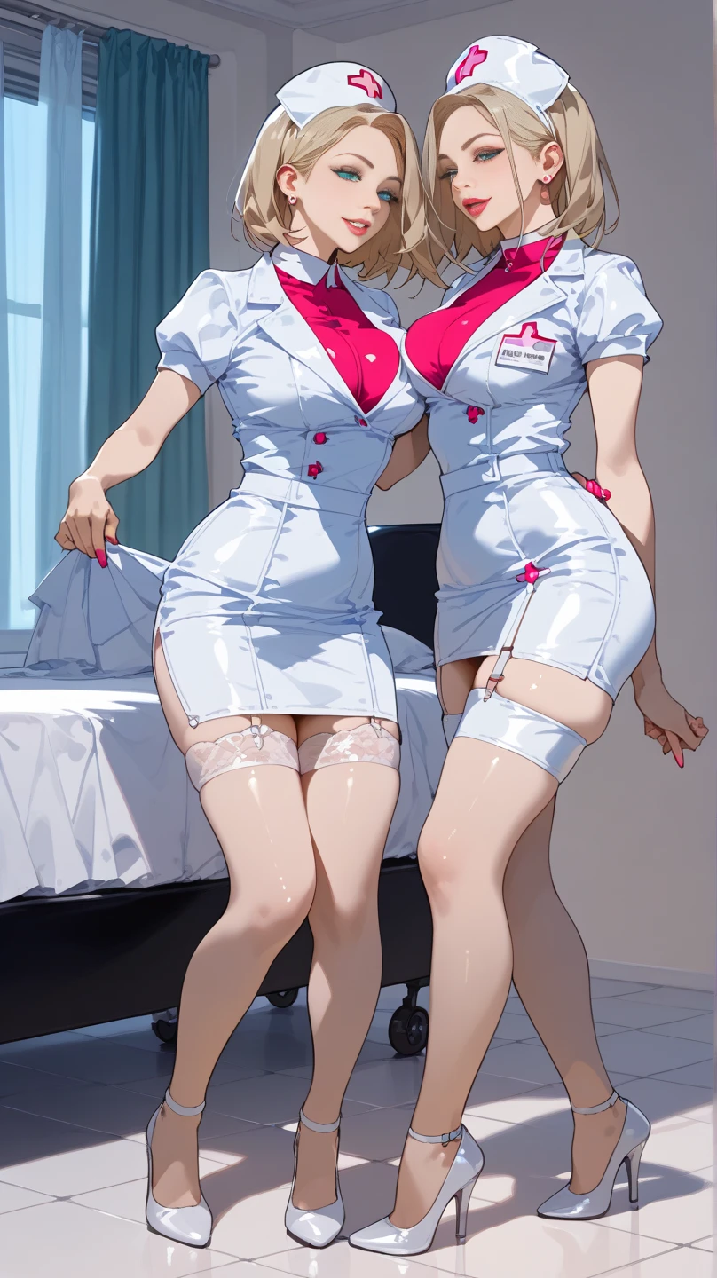  2 beautiful girls with big boobs, Black Nurse, sexy nurse costume、Clothes remodeled to be sexy,  garter belt, Patent leather,  high heels by Miguel, Pushing each other's breasts ,  full body ,  High Quality .