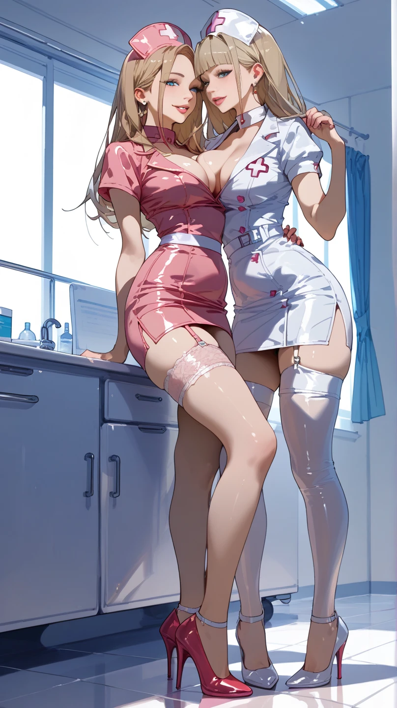  2 beautiful girls with big boobs, Black Nurse, sexy nurse costume、Clothes remodeled to be sexy,  garter belt, Patent leather,  high heels by Miguel, Pushing each other's breasts ,  full body ,  High Quality .