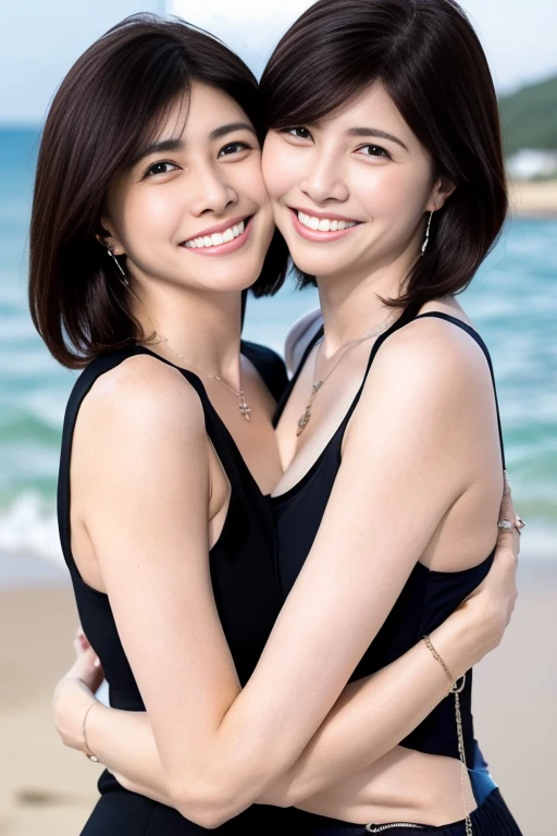 two girls kissing,  Classmate, French kiss, , 14, Upper body, Japanese, 16 years old, realistic, beautiful and detailed face, viewer, simple background,,  smile。summer dress, short hair,  beach, hair scrunchie, low contrast, highest quality, ultra high resolution, photo-realistic, super detailed, 8k, RAW photo,