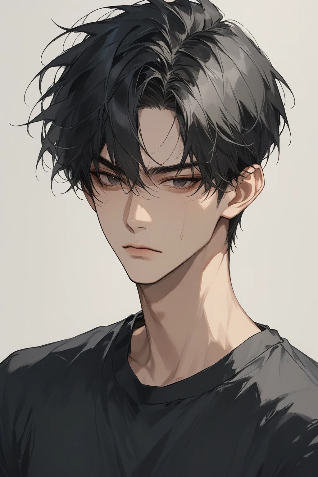 (score_9, score_8_up), short hair, masterpiece, best quality, 1 man , black hair , perfect face , black eye , handsome male , Alone, adult male , delicate line drawingimpasto, masterpiece, high resolution, Top quality, unique , 1 male , nice , tanned skin , black haired, black t-shirts, a dirty person, frown