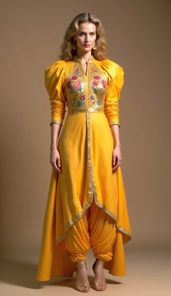 a tall and striking woman with golden-brown wavy hair, exuding confidence and charm. Her flirtatious expression enhances her captivating allure. She is dressed in a stunning Punjabi-style slim-fit outfit made of yellow shiny pure soft satin fabric, with multicolor floral design pattern of her high-neck kurti. The kurti features exaggerated puffy shoulders, adding dramatic flair, while the slim-fit 3/4 sleeves contribute an elegant touch. She pairs the kurti with a flowing dhoti-style shalwar, enhancing the overall sophistication of the look. Her high heels elevate her poised and graceful stance. The combination of these elements creates a look that is both sophisticated and bold, radiating an alluring energy.