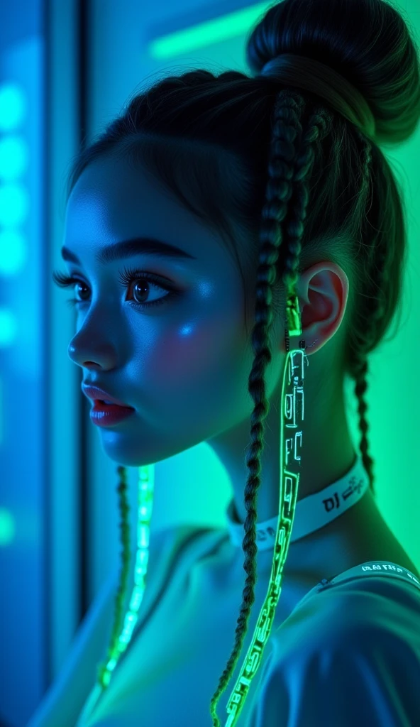 This is a highly stylized, digital illustration of a young woman with a striking, futuristic aesthetic. She has a light skin tone and is depicted in profile, with her face illuminated by a cool blue and neon green light. Her hair is styled in intricate, high braids that are dyed with neon green and blue hue text "CIVITAI", creating a vibrant, almost holographic effect. 
Her eyes are large and expressive, with well-defined, thick eyelashes and subtle makeup that enhances her features.
 