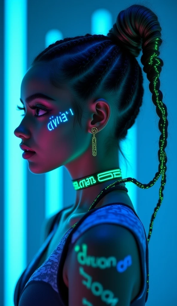 This is a highly stylized, digital illustration of a young woman with a striking, futuristic aesthetic. She has a light skin tone and is depicted in profile, with her face illuminated by a cool blue and neon green light. Her hair is styled in intricate, high braids that are dyed with neon green and blue hue text "CIVITAI", creating a vibrant, almost holographic effect. 
Her eyes are large and expressive, with well-defined, thick eyelashes and subtle makeup that enhances her features.
 