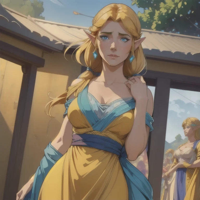  Zelda crying on the shoulders of links,  ((( cell shading ))), ( Blue Eyes, dreaming face, Corado0 .8),  perfect face ,  ultra high quality ,  ultra realistic ,  masterpiece , 8k,  ray tracing , golden dress,  Taverna Real , (standing),  revealing dress , ((( medium breasts))), ((focus face)), (((Highly realistic)))