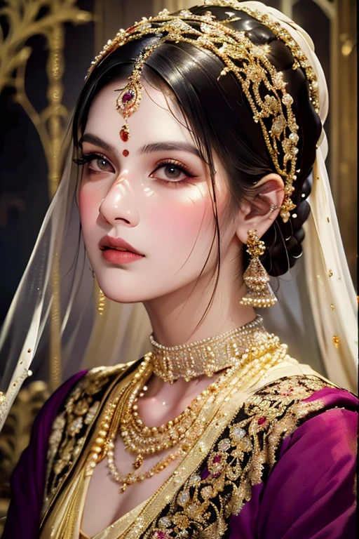   beautiful Indian Empress  , intricate gold jewelry, Luxurious headdress,  elegant silk clothing  , Royal , dramatic lighting ,  rich gemstone colors  ,  cinematic composition ,  detailed facial features  , elegant lace patterns ,  luxurious palace interior  , Luxurious textures, dramatic shadows,  ornate architectural details,  masterpiece fails, 8 thousand,  Photorealistic portrait of Rembrandt    