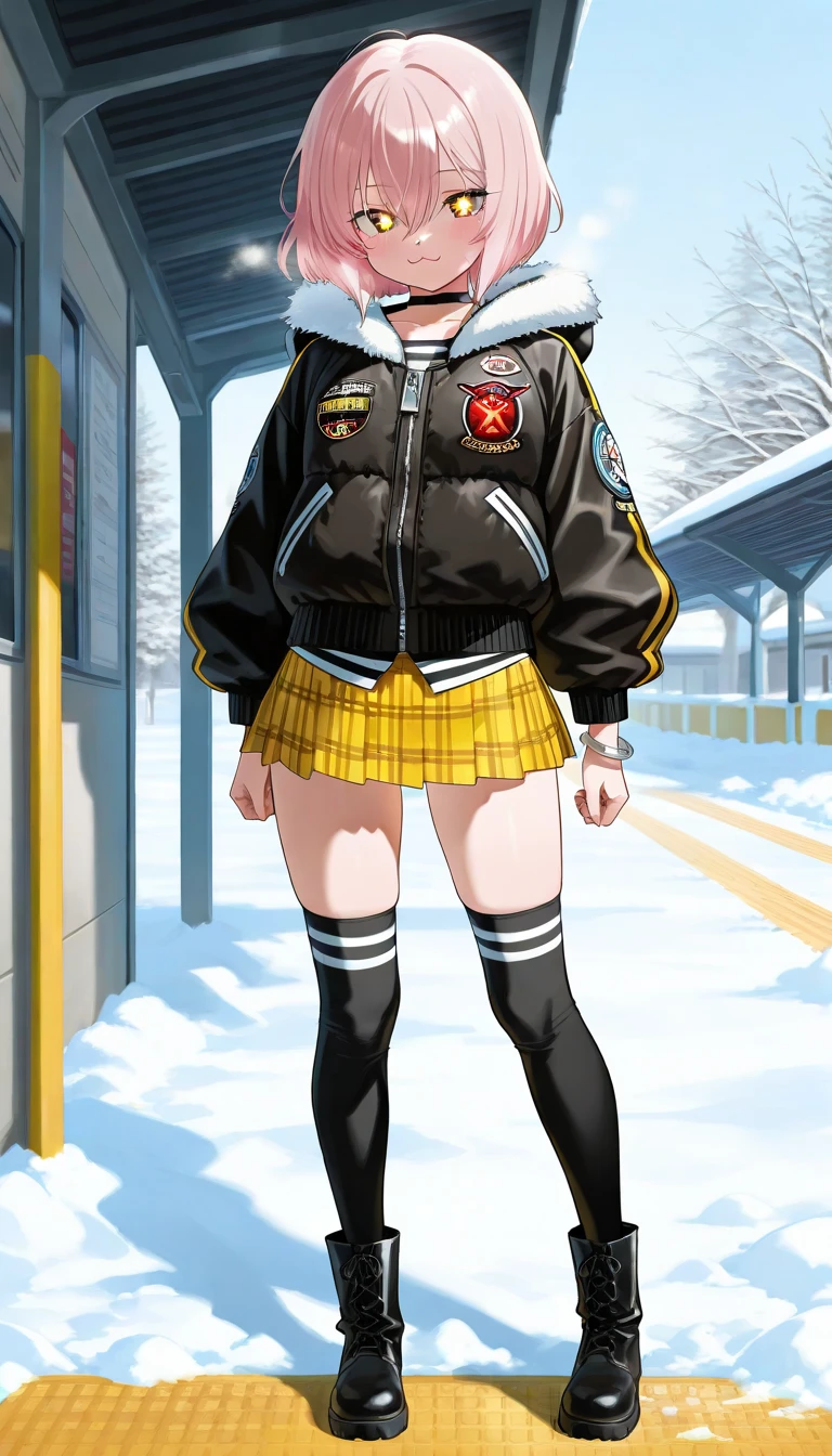 (masterpiece, best quality, amazing quality, very aesthetic, absurdres, newest:1), masterpiece,best quality,amazing quality,medium hair,light pink hair, ((bob cut)),strong wavy hair ,hair between eyes ,gold eyes,sparkling eyes , :3 ,loli face,small breasts, a slender body, petite,big bomber jacket,black bomber jacket,(yellow Tartan miniskirt), black choker,silver bracelet,(black & white striped thigh-high socks),short boots,steam,standing front station ,full body,snow ,station background 