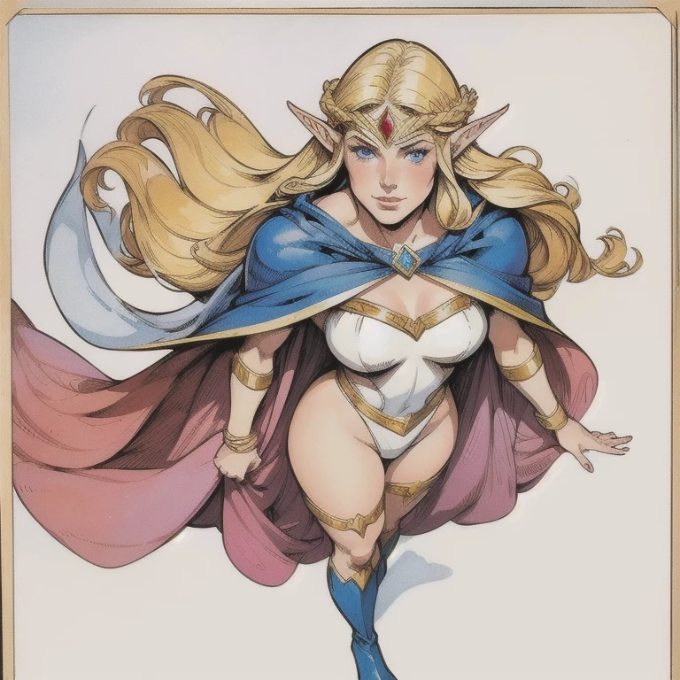 1 ,deedlit,Alone,pointy ears,  long hair , blonde hair,shezfe ,goblin,cape,Blue cape, Blue Eyes,boots,From above,circlet,very   long hair , shoulder armor , half-open lips , looking at the viewer, white background,Retro style, traditional media ,
