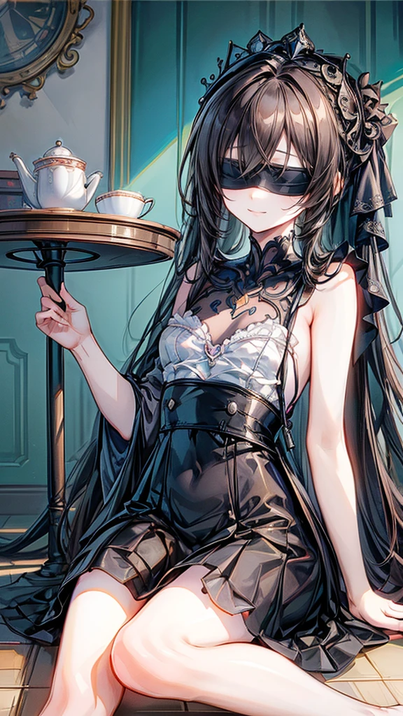 ((True best masterpiece, Ultimately perfect quality, Extremely delicate details)), (Blindfold), A skinny girl with small bust, With a blindfold, Wearing great parker, Smiling, Sitting down on the floor