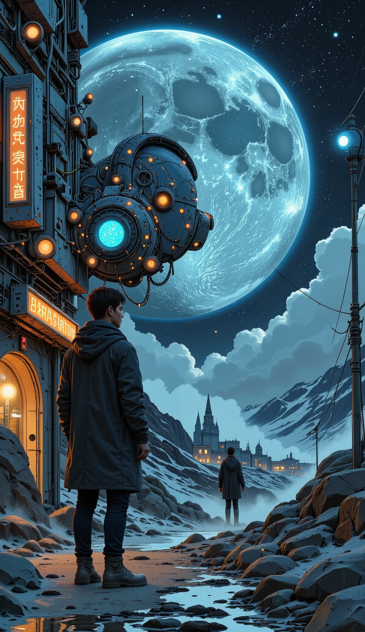 surreal drawing:1.5, Robotech-style space station :1.5, draw in , colorful image, happy, Illustrator Benjamin Lacombe's drawing style : intricate moon with circuits and terminals all over the surface., futuristic neon lights, luces led, art , 8K, The best quality , photorealistic , masterpiece , cinematic lighting , volumetric fog, brilliant cybernetic enhancements , Advanced technology , Futurista distópico, iluminación dramática y desolada , neon city background , , art circuits, dynamic camera angle