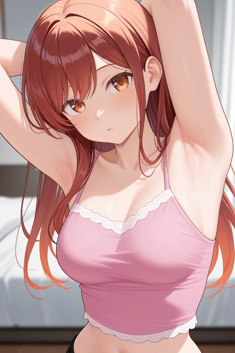 Chizuru Mizuhara (Rent a Girlfriend), masterpiece,best quality , newest , beautiful female , masterpiece, best quality, highres, 1girl, presenting armpit,realistic, medium breasts, looking at viewers, bedroom, wearing crop top pink camisole, short short, dolphine short