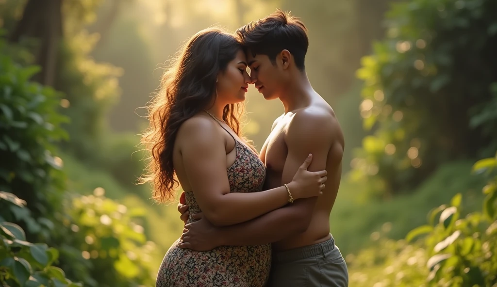 A slender Chinese young man in a long-sleeved T-shirt, and a plump, naked Thai young woman look forward.