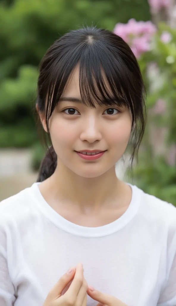 The high resolution photograph of a young Japanese woman named kakki. She looked at the camera with a smile on her face. Her hair is styled in a straight long black hair with blunt bangs that fall over her shoulders and making a middle finger up sign with her right hand. 
She wore light makeup, with light red lips. She is wearing a wet t-shirt that showcases her thin nipples and very short thong in a light rainy day. 
The background appears to be a park or garden with flowers and plants.