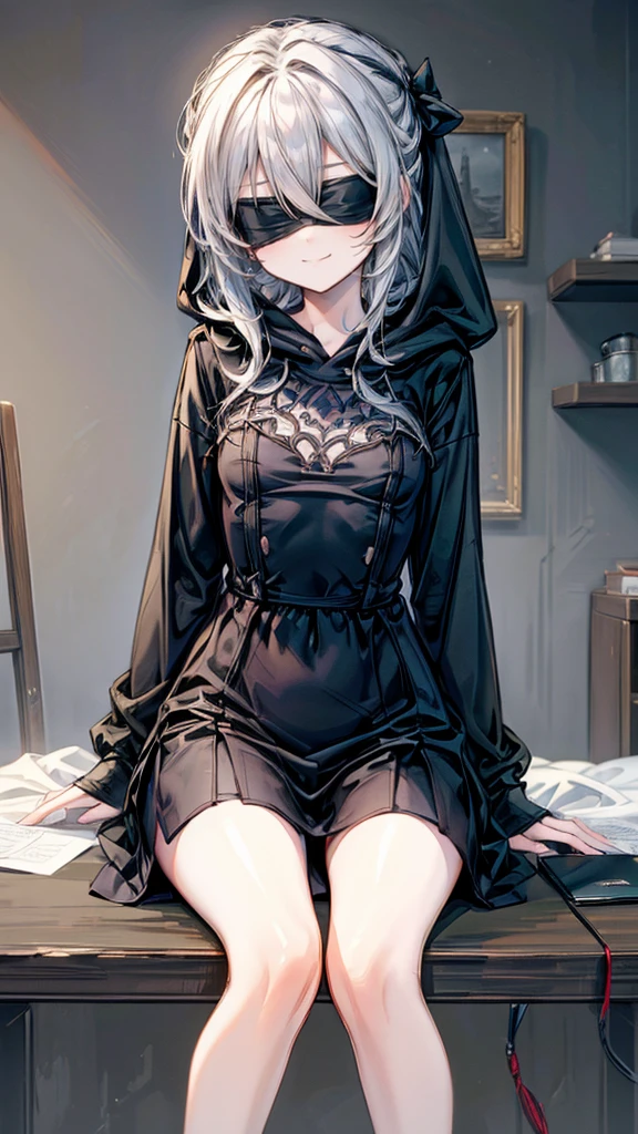 ((True best masterpiece, Ultimately perfect quality, Extremely delicate details)), (Blindfold), A skinny girl with small bust, With a blindfold, Wearing a gray hoodie, Smiling, Sitting down on the bed, Modern interior