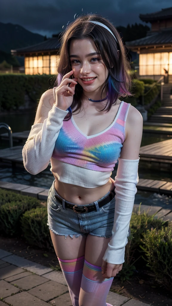 Ecchi chibi Pokemon girl in miniskirt , colourful clothes, located in nighttime dark alley of town, crying mascara lines, visible panties, looking at viewer nervously + frown, bigger breasts