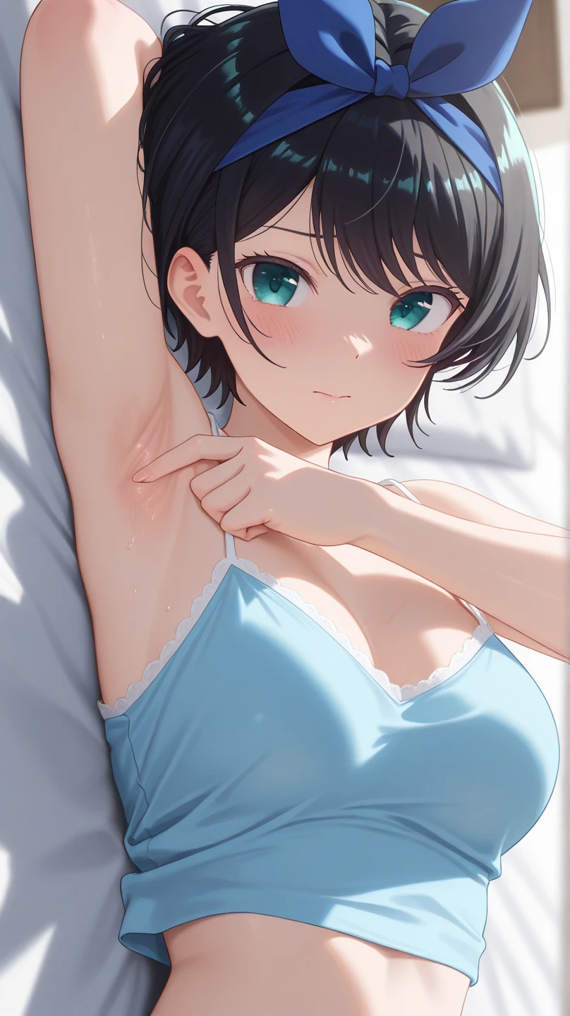 Sarashina ruka (Rent a Girlfriend), masterpiece,best quality , newest , beautiful female , masterpiece, best quality, highres, 1girl, presenting armpit,realistic, medium breasts, looking at viewers, bedroom, wearing crop top blue camisole, short short, dolphine short, lying on bed