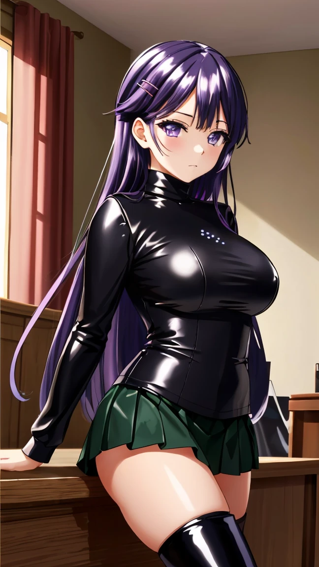 8k Masterpiece ,  color spots ,  high resolution,  very detailed face , detailed computer graphics, one,   girl , Chizuru-chan Kaihatsunikki, mature,  sexy , spread pussy,  purple hair ,  long hair ,  hair clip ,   purple eyes,  ((black latex pleated skirt, (white turtleneck ), (black stockings), (black leather boots )),   large breasts ),  closed mouth , Fascinating dispassionality , With confidence,  enjoying , One, stylish pose, stylish corner,  looking at the viewer ,  in the center of the image ,  cowboy shot, lady in the living room. anatomy is correct,  perfect face,  perfect hair ,  perfect eyes ,  perfect body,  perfect breasts, perfect hands, flawless skin
