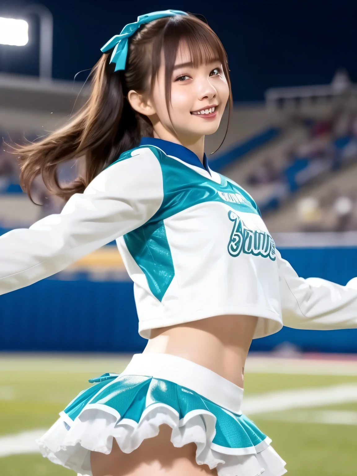 (((highest quality、8K、photo-realistic:1.4、masterpiece)))、Backlight、Woman with highly detailed facial texture、18-year-old、(((sky blue sequin cheerleader:1.2)))、((stadium background:1.2))、with arms raised、laughter、open your mouth、Shiny blonde hair and length hairstyle、blonde。length。divided sleeves, bare shoulders, central opening, cleavage, central chest、ribbon。(((twin tails:1.2)))。(((show panties。Posture with legs wide open:1.2)))