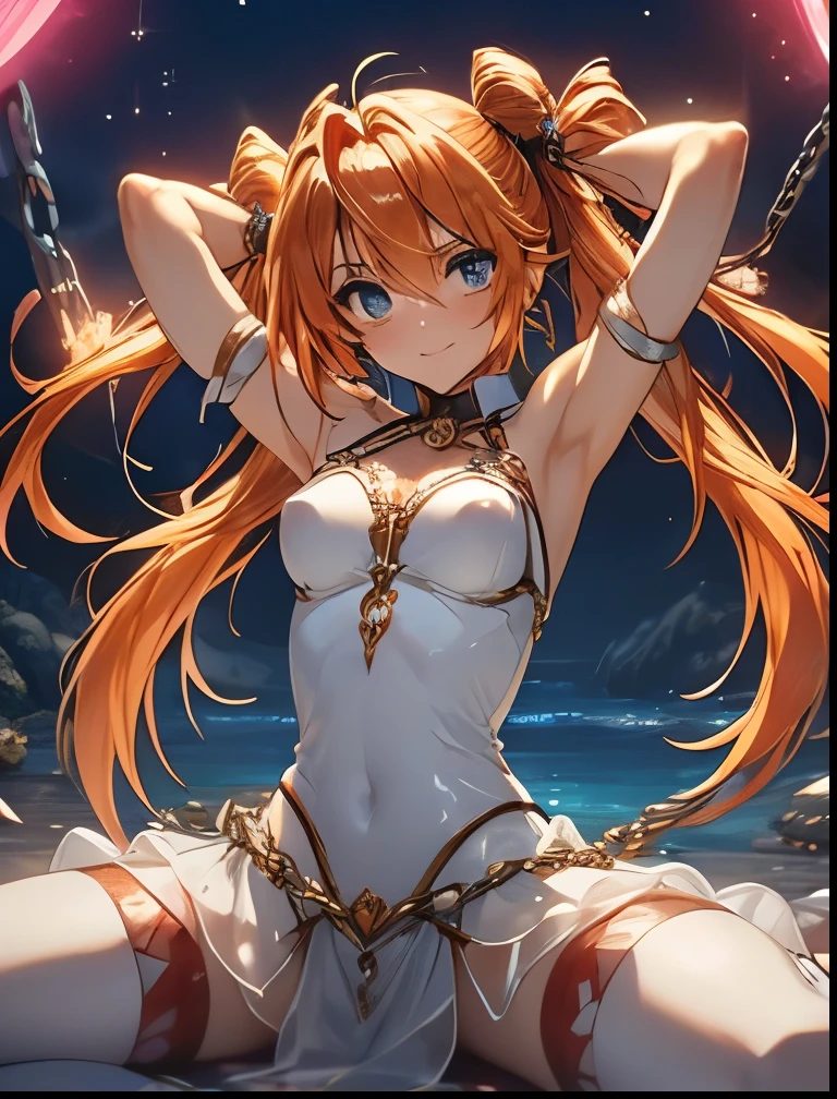 （（（ＳＦＷ、Precision、Highest quality、A first-class masterpiece、Normal body、8k、  Detailed Face 、Ultra-precision、 Normal hand、５refer to、Highest）））、"Magical Girl Lyrical Nanoh"、Tiana Lanster、Orange Hair、 twin tails、 slender、Big Breasts、defeat、Slave Collar with Chain 、Erection Nipples See-through See-through Slash Slave Clothes 、 See-through See-Through One-Piece Slave Clothes、Half naked、No underwear 、fall down、 raise your hands and chain bondage、neck chain collar bondage 、 Open Legs Sexy Shy Pose、happy, embarrassed, blushing、Brainwashed、I'm full of pleasure 、 hypnotic state 、 whole body erogenous zone 、Aphrodisiac effect、Increased sensitivity 、Infatuated、Heart Eyes、A heart pattern floats in my eyes、 Heart Shaped Pupils 、 eyes shine mysteriously in a heart pattern、Mouth Opening、 stick out your tongue、 aheface、The Fall of Slaves、 Pleasure Fall 、 sex slave 、dark ghost town