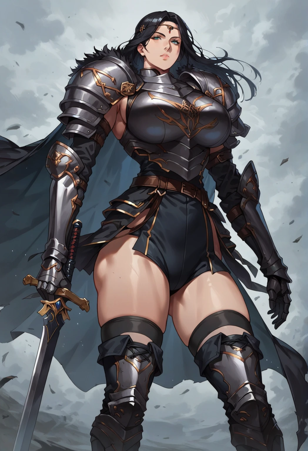 (masterpiece, 4K ,Super detailed:1.2), (anime:1), (Perfect quality), The whole body is shown, View Viewer, Holding a sword, Close-up of a woman wearing armour and holding a sword, Desperate look, Muscular and ultra violent women, Powerfully々And, RPG concept art character, Elegant appearance