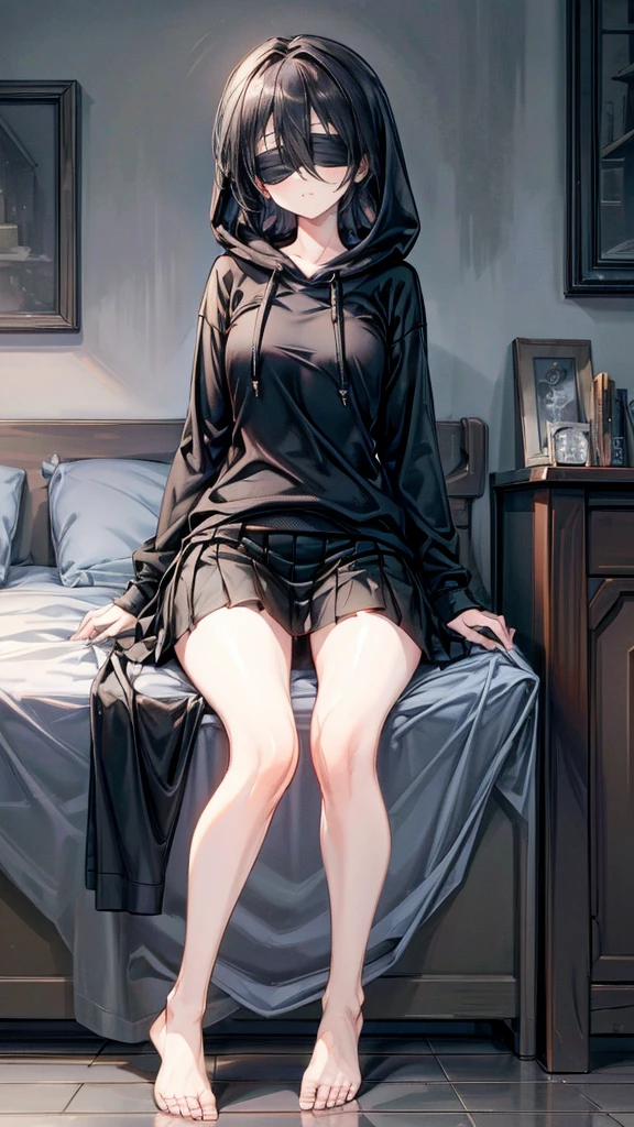 ((True best masterpiece, Ultimately perfect quality, Extremely delicate details)), (Blindfold, Hoodie, Skirt), A skinny girl with small bust, With a blindfold, Wearing a gray hoodie, Wearing a black skirt, Casual coordination, Smiling, Sitting down on the bed, Modern interior