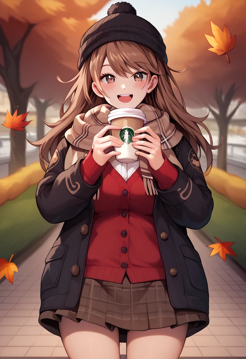 1girl, autumn leaves, bangs, black headwear, blurry background, blush, brown eyes, brown hair, brown scarf, brown skirt, cardigan, coffee, cowboy shot, cup, disposable cup, drink, falling leaves, beanie, holding, holding drink, leaf, long hair, long sleeves, looking at viewer, open cardigan, open mouth, plaid, plaid skirt, puffy long sleeves, red sweater, scarf, shirt, shirt tucked in, sidelocks, skirt, smile, solo, sweater, white shirt, extremely detailed, intricate, masterpiece, absurdres