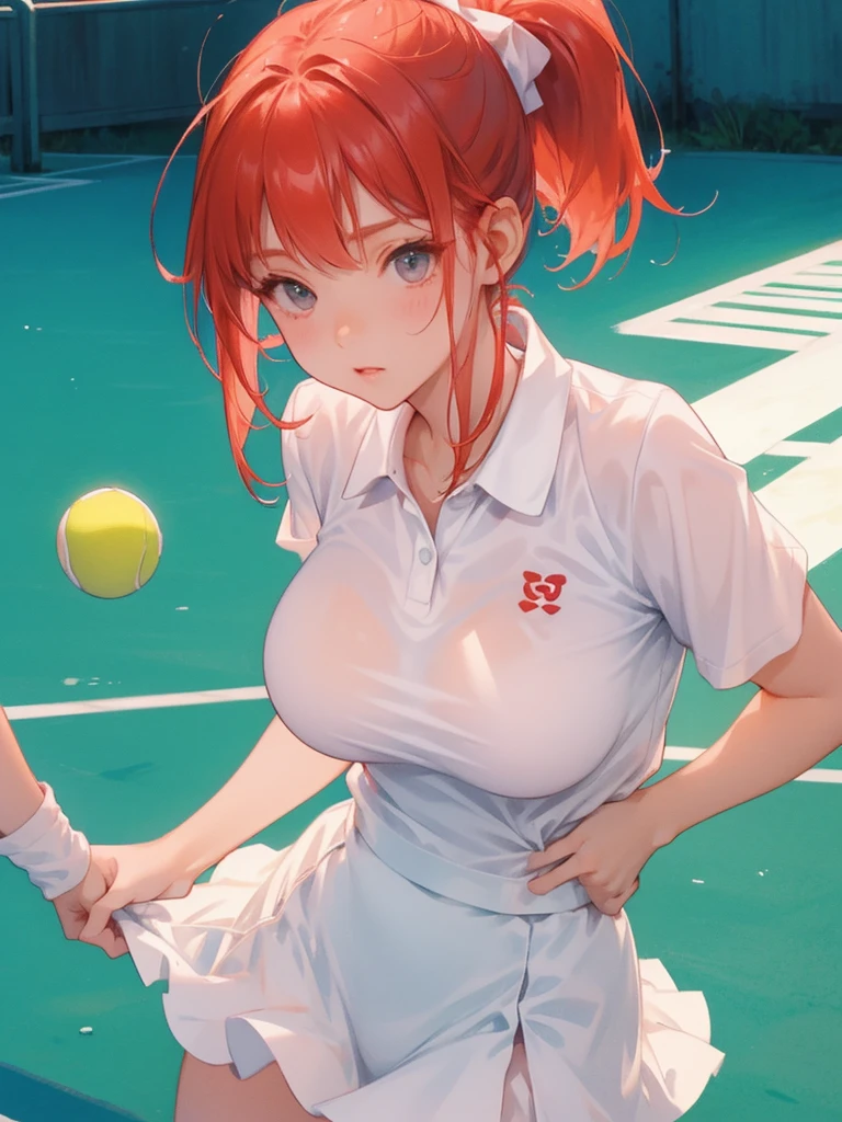 Big Breasts、( pure white tennis wear、 white polo shirt、 White Micro Mini Skirt)、Beautiful thighs、(Red hair long ponytail)、 playing tennis、 Sweating 