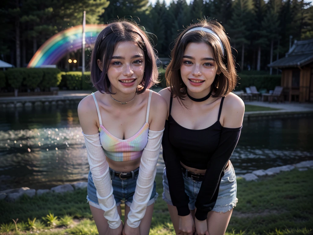 full body shot, 3D realistic photo, a 30 year old woman with short, parted hair wearing a black t-shirt and a tall body is carrying a 30 year old woman, shoulder length hair, wearing a pink t-shirt. amusement park background.